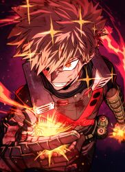 Rule 34 | 1boy, absurdres, bakugou katsuki, black suit, blonde hair, blood, blood from mouth, boku no hero academia, commentary, english commentary, explosion, explosive, fire, formal, gloves, grenade, grin, highres, looking at viewer, male focus, smile, solo, sparkle, suit, superhero costume, teeth, thirdphp, upper body