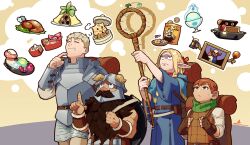 Rule 34 | 1girl, 3boys, @ @, absurdres, arm up, armor, backpack, bag, bag of chips, beard, beer mug, belt pouch, black hair, blonde hair, blue capelet, blue robe, bowl, braid, brown eyes, brown gloves, brown hair, capelet, chainmail, chicken (food), chilchuck tims, choker, closed eyes, coin, cooking pot, covered mouth, cup, drooling, dungeon meshi, dwarf, ears down, elf, facial hair, fake horns, fingerless gloves, food, french braid, frown, furrowed brow, gem, ghost, gloves, green scarf, halfling, hand up, happy, helmet, highres, holding, holding cup, holding food, holding staff, hood, hood down, hooded capelet, horned helmet, horns, hotpot, imagining, kenji uz, laios touden, leather armor, living armor (dungeon meshi), long beard, long hair, long sleeves, looking up, mandrake, marcille donato, mimic, mimic chest, mug, multiple boys, multiple braids, mushroom, mustache, omelet, painting (object), pants, parted bangs, pauldrons, picture frame, plate, plate armor, pointing, pointy ears, portrait (object), pouch, robe, scarf, senshi (dungeon meshi), shirt, short hair, shoulder armor, side braid, snack, sorbet (food), spoken food, sprout, staff, sweatdrop, tart (food), tart slice, thistle (dungeon meshi), thought bubble, tongue, tongue out, vambraces, waving, white pants, white shirt, wok