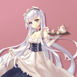 Rule 34 | 1girl, apron, azur lane, bare shoulders, belfast (azur lane), blue eyes, blush, braid, breasts, chi yei, cleavage, clothes lift, commentary request, dress, dress lift, elbow gloves, french braid, gloves, long hair, looking at viewer, maid, maid apron, maid headdress, medium breasts, silver hair, simple background, smile, solo, standing, very long hair, white gloves