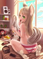 Rule 34 | 1girl, animal ears, ass, blush, blush stickers, bra, breasts, closed mouth, cloud, dkoro, eating, food, freckles, handheld game console, headphones, highres, holding, indoors, lg, long hair, looking at viewer, looking back, open mouth, original, panties, playstation vita, sky, socks, solo, sony, speaker, striped clothes, striped panties, stuffed animal, stuffed toy, tail, underwear, whiskers, window