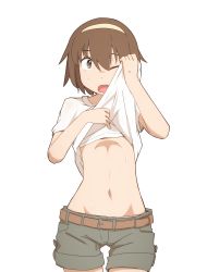 Rule 34 | 1girl, absurdres, belt, blush, bra, brown eyes, brown hair, clothes lift, hairband, highres, navel, nns (sobchan), one eye closed, open mouth, original, shirt lift, short hair, shorts, simple background, solo, stomach, sweat, underwear, white background, wink