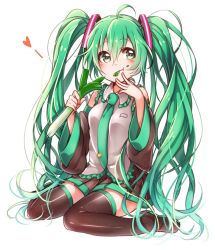 Rule 34 | 1girl, ahoge, bad id, bad pixiv id, boots, detached sleeves, eating, food, food on face, full body, green eyes, green hair, hatsune miku, highres, hotechige, long hair, matching hair/eyes, necktie, sitting, skirt, solo, spring onion, thigh boots, thighhighs, twintails, very long hair, vocaloid, wariza, white background