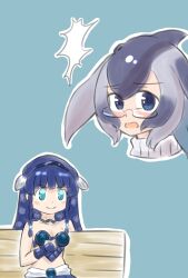 Rule 34 | &gt;:), 2girls, arm behind back, bare shoulders, bench, blowhole, blue background, blue eyes, blue hair, blue whale (kemono friends), blush, blush stickers, bracer, braid, braided sidelock, chibi, closed mouth, coelacanth (kemono friends), collarbone, dark blue hair, dorsal fin, fins, furrowed brow, glasses, gravi pig4891, green eyes, grey hair, hair between eyes, hairband, head fins, highres, kemono friends, long hair, midriff, multicolored hair, multiple girls, on bench, open mouth, outline, parody, side braid, simple background, sitting, smile, stomach, surprised, twin braids, v-shaped eyebrows, white outline, yaranaika