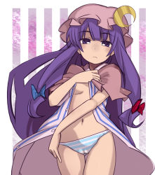 Rule 34 | 1girl, absurdres, cameltoe, cleft of venus, crescent, crescent moon, face, female focus, hat, highres, long hair, moon, nada haruka, open clothes, open robe, open robes, panties, patchouli knowledge, purple eyes, purple hair, robe, solo, striped clothes, striped panties, touhou, underwear