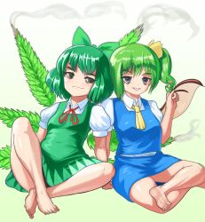 Rule 34 | 2girls, alternate element, ascot, barefoot, blue skirt, blue vest, bow, cirno, closed mouth, commentary, daiyousei, dress, english commentary, fairy wings, full body, gradient background, green bow, green dress, green hair, hair bow, hand in own hair, hapa cirno, highres, indian style, leaf wings, looking at viewer, marijuana, multiple girls, open mouth, profitshame, shirt, short hair, short sleeves, side ponytail, sitting, skirt, smile, smoke, touhou, variant set, vest, white shirt, wings, yellow ascot