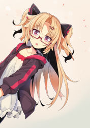 Rule 34 | 1girl, :o, akatsuki uni, black jacket, black pantyhose, blonde hair, collarbone, commentary request, dress, dutch angle, glasses, hair ornament, hairclip, highres, hood, hood down, hooded jacket, jacket, long hair, long sleeves, looking at viewer, ogami kazuki, open clothes, open jacket, pantyhose, parted bangs, parted lips, pink eyes, red-framed eyewear, semi-rimless eyewear, solo, standing, two side up, under-rim eyewear, uni create, virtual youtuber, white dress