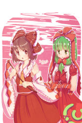 Rule 34 | 2girls, :o, ascot, bare shoulders, blush, bow, breasts, brown eyes, brown hair, d:, detached sleeves, dress, flat chest, front ponytail, furim, gohei, green eyes, green hair, hair bow, hair tubes, hakurei reimu, highres, kagiyama hina, long hair, medium breasts, multiple girls, open mouth, short hair, skirt, touhou, wrapping