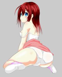 Rule 34 | 1girl, ass, bare shoulders, blue eyes, blush, breasts, cameltoe, dress, from behind, highres, kairi (kingdom hearts), kingdom hearts, long hair, looking at viewer, medium breasts, open mouth, panties, parted lips, red hair, shiny skin, shoes, short dress, sideboob, sitting, sneakers, solo, souga, underwear, wariza