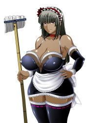 Rule 34 | 1girl, apron, black hair, black thighhighs, breasts, choker, cleavage, covered erect nipples, dark-skinned female, dark skin, detached sleeves, dress, female focus, grey hair, hair ornament, hand on own hip, huge breasts, lace, lace-trimmed legwear, lace trim, long hair, maid, maid apron, maid headdress, masa ani, miniskirt, plump, red eyes, shiny skin, simple background, skirt, solo, standing, tan, thighhighs, waist apron, white background, wide hips