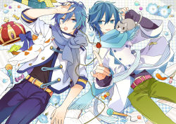 Rule 34 | 2boys, akiyoshi (tama-pete), blue eyes, blue flower, blue hair, blue nails, bow, bowtie, candy, cat, collaboration, commentary, crown, eating, fish, flower, food, hand on own head, headphones, jacket, kaito (vocaloid), lollipop, lying, male focus, microphone, mouth hold, multiple boys, nail polish, scarf, sheet music, short hair, striped, vocaloid, yoshiki