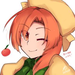Rule 34 | 1girl, beret, chiru (218mg), closed mouth, collared vest, commentary request, food, fruit, green vest, happy, hat, medium hair, one eye closed, orange (fruit), orange (touhou), orange eyes, orange hair, parted bangs, puffy short sleeves, puffy sleeves, shirt, short sleeves, simple background, smile, touhou, touhou (pc-98), vest, white background, yellow hat, yellow shirt