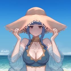 Rule 34 | 1girl, absurdres, bikini, blue bikini, blue hair, blue sky, blunt bangs, blush, breasts, brown eyes, cleavage, closed mouth, cloud, collarbone, commentary, day, english commentary, fire emblem, fire emblem: three houses, fire emblem heroes, hat, highres, large breasts, lesu, looking at viewer, marianne von edmund, marianne von edmund (summer), nintendo, ocean, official alternate costume, outdoors, see-through, see-through sleeves, short hair with long locks, sidelocks, sky, solo, straw hat, sun hat, swimsuit, twitter username, water