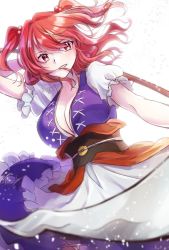 Rule 34 | 1girl, alto2019, backlighting, bloom, breasts, hair bobbles, hair ornament, highres, holding, holding scythe, large breasts, looking at viewer, obi, one-hour drawing challenge, onozuka komachi, puffy short sleeves, puffy sleeves, red eyes, red hair, sash, scythe, short sleeves, simple background, solo, touhou, two side up, white background