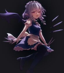 Rule 34 | 1girl, apron, ar (maeus), bat wings, black footwear, black thighhighs, black wings, blue dress, braid, dress, fangs, fingernails, frilled apron, frilled dress, frills, full body, grey hair, hair between eyes, high heels, highres, holding, holding knife, izayoi sakuya, knife, long fingernails, long hair, maid, maid apron, maid headdress, nail polish, open mouth, pointy ears, puffy short sleeves, puffy sleeves, red eyes, red nails, sharp fingernails, shirt, short sleeves, smile, solo, thighhighs, touhou, twin braids, waist apron, white apron, white shirt, wings