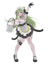 Rule 34 | 1girl, :d, aaron henderson, antenna hair, apron, arm cuffs, arm up, ascot, black gloves, black skirt, blush, breasts, buckle, button gap, cleavage, detached collar, double bun, frilled apron, frills, full body, gloves, goddess of victory: nikke, green ascot, green hair, hair bun, hair ornament, hair ribbon, hairclip, heart antenna hair, holding, large breasts, long hair, maid, maid apron, maid headdress, open mouth, pink eyes, pleated skirt, ribbon, simple background, skirt, sleeveless, smile, soda (nikke), solo, standing, thighhighs, two-tone gloves, white background, white gloves, white thighhighs