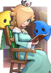 Rule 34 | absurdres, blonde hair, blue eyes, book, breasts, crown, earrings, gonzarez, highres, holding, holding book, jewelry, large breasts, luma (mario), mario (series), nintendo, one eye covered, reading, rosalina, star (symbol), star earrings, super mario galaxy