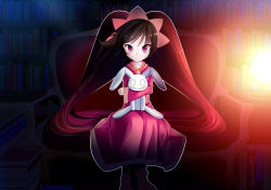 Rule 34 | 1girl, ashley (warioware), big hair, black hair, black pantyhose, blush, book, book stack, bookshelf, closed mouth, collarbone, couch, dress, hairband, indoors, lamp, light, long hair, long sleeves, looking at viewer, maritchi, night, nintendo, hugging object, orange hairband, pantyhose, red dress, red eyes, shoes, sitting, solo, stuffed animal, stuffed rabbit, stuffed toy, twintails, very long hair, warioware, wide sleeves