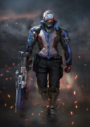 Rule 34 | 1boy, armor, armored dress, assault rifle, battle rifle, black pants, blue jacket, bodysuit, boots, clenched hand, covered mouth, energy gun, explosive, finger on trigger, full body, gloves, greaves, grenade, gun, highres, holding, holding gun, holding weapon, holster, ing9, jacket, knee boots, long sleeves, male focus, mask, mouth mask, overwatch, overwatch 1, pants, red gloves, ribbed bodysuit, rifle, scar, scar across eye, scar on face, shards, short hair, shoulder pads, smoke, soldier: 76 (overwatch), solo, standing, thigh holster, turtleneck, visor, walking, weapon, white hair, zipper