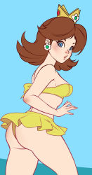 Rule 34 | 1girl, alternate costume, aqua background, aqua eyes, ass, bare shoulders, bikini, bikini skirt, blush, breasts, brown hair, commentary, crown, didi esmeralda, earrings, english commentary, flipped hair, flower earrings, highres, jewelry, lips, long hair, looking at viewer, mario (series), medium breasts, nintendo, paid reward available, princess daisy, paid reward available, simple background, solo, standing, strapless, super mario land, swimsuit, symbol-only commentary, thighs, yellow bikini