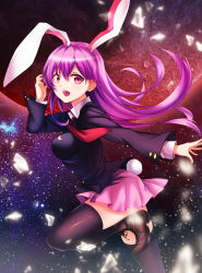 Rule 34 | 1girl, absurdres, animal ears, black thighhighs, blazer, boots, breasts, extra ears, highres, jacket, koissa, long hair, looking at viewer, miniskirt, moon, necktie, open mouth, pleated skirt, purple hair, rabbit ears, rabbit girl, rabbit tail, red eyes, red necktie, reisen udongein inaba, skirt, smile, solo, tail, thighhighs, touhou, very long hair, zettai ryouiki