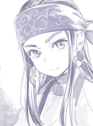 Rule 34 | 1girl, ainu, ainu clothes, asirpa, bandana, closed mouth, collar, ear piercing, earrings, eyebrows, golden kamuy, greyscale, headband, hoop earrings, isa (peien516), jewelry, long hair, looking at viewer, monochrome, piercing, purple theme, sidelocks, simple background, smile, solo, upper body, white background
