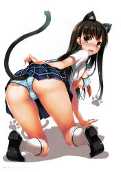 Rule 34 | 1girl, absurdres, all fours, animal ears, ass, bikini, bikini under clothes, blush, breasts, brown eyes, brown hair, cat ears, cat tail, clothes lift, fake animal ears, from behind, full body, hairband, highres, kneehighs, loafers, medium breasts, necktie, nose blush, open clothes, open shirt, panties, paw print, plaid, plaid skirt, pleated skirt, scan, school uniform, shirt, shoes, skirt, skirt lift, socks, solo, striped bikini, striped clothes, striped necktie, striped neckwear, sweatdrop, swimsuit, tail, tomose shunsaku, trefoil, underboob, underwear, white socks
