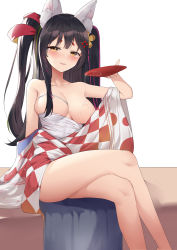 Rule 34 | 1girl, absurdres, alcohol, anchundddd, animal ear fluff, animal ears, arm at side, bare shoulders, blush, braid, breasts, brown hair, checkered clothes, checkered kimono, cleavage, collarbone, commentary request, crossed legs, cup, eyebrows, fox girl, hair ornament, hairclip, hand up, highres, holding, holding cup, japanese clothes, kimono, large breasts, legs, long hair, looking at viewer, makeup, mascara, open mouth, original, sakazuki, sake, short eyebrows, side braid, sitting, smile, solo, thick eyebrows, thighs, wide sleeves, yellow eyes
