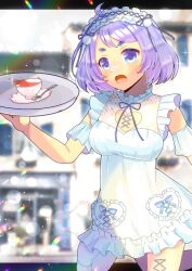 Rule 34 | 1girl, ahoge, amiya aranha, blue eyes, blurry, blurry background, blush, breasts, commentary request, commission, cup, depth of field, dress, extra eyes, frilled dress, frilled hairband, frills, hairband, holding, holding tray, indie virtual youtuber, kou hiyoyo, letterboxed, medium breasts, open mouth, purple hair, saucer, skeb commission, sleeveless, sleeveless dress, solo, spoon, sweat, tea, teacup, tray, virtual youtuber, white dress