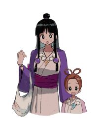 Rule 34 | 2girls, ace attorney, bag, black eyes, black hair, blunt bangs, brown hair, cousins, cropped torso, hair rings, half updo, hand up, hanten (clothes), highres, holding, holding bag, jacket, japanese clothes, jewelry, kimono, long hair, long sleeves, looking at viewer, magatama, magatama necklace, maya fey, multiple girls, necklace, obi, open mouth, parted bangs, pearl fey, plastic bag, purple jacket, ribitta, sash, short hair, sidelocks, simple background, surprised, sweatdrop, upper body, white background, white kimono, wide sleeves