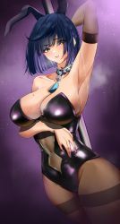 Rule 34 | 1girl, absurdres, animal ears, arm up, armpits, bare shoulders, blue hair, breast hold, breasts, cleavage, collarbone, commentary request, covered navel, cowboy shot, detached sleeves, diagonal bangs, dice, earrings, fake animal ears, genshin impact, green eyes, highleg, highleg leotard, highres, jewelry, large breasts, leotard, light particles, looking at viewer, maltida, mole, mole on breast, multicolored hair, nail polish, pantyhose, parted lips, playboy bunny, pole, presenting armpit, purple background, purple hair, purple nails, shadow, shiny clothes, short hair, simple background, single detached sleeve, smile, solo, standing, strapless, strapless leotard, stripper pole, sweat, tassel, two-tone hair, yelan (genshin impact), ||/
