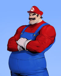Rule 34 | 1boy, absurdres, belly, blue background, blue eyes, brown hair, commentary, cowboy shot, dongho kang, facial hair, fat, fat man, gloves, gradient background, hat, highres, looking at viewer, male focus, mario, mario (series), muscular, muscular male, mustache, nintendo, overalls, red hat, red shirt, serious, shirt, short hair, simple background, solo, thick eyebrows, tight clothes, tight shirt, white gloves