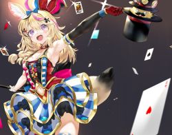 Rule 34 | 1girl, :d, ace (playing card), ace of hearts, ace of spades, ahoge, animal ears, armpits, black hair, black hat, blonde hair, blue bow, bow, breasts, card, clothing cutout, commentary request, cowboy shot, detached sleeves, dress, elbow gloves, fox ears, fox girl, fox tail, gloves, hair bow, hat, heart, highres, holding, holding clothes, holding hat, hololive, jester cap, kou mashiro, long hair, looking away, multicolored clothes, multicolored dress, multicolored hair, navel, navel cutout, omaru polka, omaru polka (1st costume), open mouth, pink hair, playing card, purple eyes, red gloves, single elbow glove, small breasts, smile, solo, spade (shape), standing, streaked hair, tail, thighhighs, top hat, unworn hat, unworn headwear, virtual youtuber, wrist cuffs, zain (omaru polka)