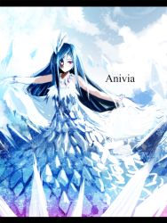 Rule 34 | 1girl, anivia, bare shoulders, blue hair, bracelet, character name, dress, forehead jewel, gloves, highres, ice, jewelry, league of legends, letterboxed, long hair, mizunaka, necklace, no mouth, red eyes, solo, white gloves