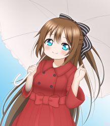 Rule 34 | 1girl, aqua eyes, artist name, artist request, audrey (love live!), belt, black bow, blue background, blue eyes, blush, bow, bow hairband, breasts, brown hair, buttons, coat, collared coat, dress, female focus, hair between eyes, hair bow, hairband, half updo, high ponytail, highres, holding, holding umbrella, long hair, long sleeves, looking at viewer, love live!, love live! nijigasaki high school idol club, love live! school idol festival, miniskirt, osaka shizuku, parted lips, plaid, plaid skirt, pleated, pleated skirt, ponytail, red belt, red bow, red coat, red dress, red ribbon, red skirt, ribbon, sidelocks, skirt, small breasts, smile, solo, striped, striped bow, trench coat, umbrella, white bow, wing collar