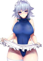 Rule 34 | 1girl, alternate costume, apron, apron hold, bare arms, bare shoulders, blush, bow, braid, breasts, commentary request, covered erect nipples, cowboy shot, curvy, frilled apron, frills, green bow, groin, hair bow, head tilt, highres, izayoi sakuya, large breasts, leotard, looking at viewer, maid apron, maid headdress, parted lips, purple eyes, short hair, sideboob, silver hair, simple background, single thighhigh, sinkai, solo, standing, thick thighs, thighhighs, thighs, touhou, twin braids, white apron, white background, white thighhighs, wide hips