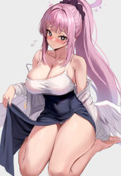 Rule 34 | 1girl, absurdres, angel wings, barefoot, black scrunchie, blue archive, blush, breasts, cleavage, closed mouth, collarbone, covered navel, flying sweatdrops, grey background, halo, highres, large breasts, long hair, long sleeves, mika (blue archive), pink hair, pink halo, ponytail, scrunchie, simple background, sitting, solo, stone (ksorede), wariza, white wings, wings