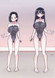 Rule 34 | 2girls, arm at side, black footwear, black hair, blue hair, blush, boku no kokoro no yabai yatsu, breasts, brown eyes, closed mouth, collarbone, covered navel, dark blue hair, dot nose, embarrassed, eyebrows, eyelashes, female focus, female pubic hair, full body, hand up, highleg, highleg swimsuit, highres, large breasts, long28, long hair, looking at viewer, mature female, mole, mole on neck, mole on thigh, mother and daughter, multiple girls, nervous, nervous smile, nervous sweating, nipples, outdoors, pov, pubic hair, pubic hair peek, road, short hair, sidelocks, smile, standing, street, sunrise, sweat, swimsuit, tall female, toes, transparent, transparent swimsuit, two-tone one-piece swimsuit, white footwear, yamada anna, yamada sanae (bokuyaba)