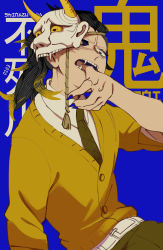Rule 34 | 1boy, anger vein, belt, biting, black hair, black sclera, blonde hair, blue background, blue nails, cardigan, character name, collared shirt, colored sclera, commentary, dated, english commentary, facial scar, fangs, finger biting, finger in own mouth, fingernails, green necktie, green pants, highres, kimetsu gakuen, kimetsu no yaiba, long fingernails, long hair, long sleeves, looking at viewer, male focus, mask, mask on head, mismatched sclera, mixed-language commentary, mono (bluesky), multicolored hair, nail polish, necktie, oni mask, open mouth, pants, scar, scar on cheek, scar on face, school uniform, sharp fingernails, shinazugawa genya, shirt, solo, streaked hair, upper body, white shirt