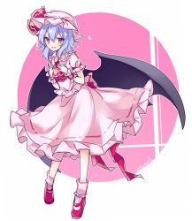 Rule 34 | 1girl, ascot, bad id, bad twitter id, bat wings, bow, brooch, frilled skirt, frilled sleeves, frills, full body, hat, hat ribbon, jewelry, light purple hair, mob cap, puffy short sleeves, puffy sleeves, red bow, red eyes, red ribbon, remilia scarlet, ribbon, shoes, short sleeves, skirt, skirt set, socks, solo, touhou, wings, yukimiya (parupunta)