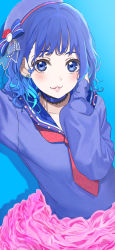 Rule 34 | 1girl, absurdres, blue choker, blue eyes, blue hair, blue sailor collar, blue shirt, choker, collarbone, commentary request, commission, eyebrows hidden by hair, hand up, highres, icehotmilktea, lace-trimmed choker, lace trim, long hair, long sleeves, looking at viewer, multicolored hair, neckerchief, original, parted lips, pink lips, puffy long sleeves, puffy sleeves, red neckerchief, sailor collar, shirt, skeb commission, sleeves past wrists, solo, two-tone hair