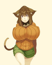 Rule 34 | 1girl, animal ears, arms behind back, breasts, brown hair, cat ears, cat tail, collar, covered erect nipples, covered navel, haruka (muneneko), huge breasts, impossible clothes, impossible sweater, long sleeves, looking at viewer, muneneko, orange shirt, original, red eyes, ribbed sweater, shirt, shorts, simple background, solo, sweatdrop, sweater, tail