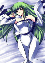 Rule 34 | 00s, 1girl, :o, bed, blush, bodysuit, c.c., cameltoe, code geass, green hair, hip focus, kuronezumi, long hair, lying, open clothes, open mouth, solo, strapless, tight clothes, wide hips, yellow eyes
