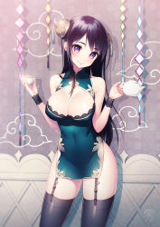 Rule 34 | 1girl, bad id, bad pixiv id, black hair, black thighhighs, breasts, china dress, chinese clothes, cleavage, cleavage cutout, clothing cutout, covered navel, cup, dress, garter straps, hair ornament, hairpods, head tilt, holding, holding cup, large breasts, long hair, looking at viewer, nekokan masshigura, original, red eyes, side slit, signature, sleeveless, sleeveless dress, smile, solo, teacup, teapot, thighhighs, thighs, very long hair, wrist cuffs