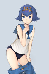 Rule 34 | 1girl, :o, absurdres, bad id, bad pixiv id, bare arms, bare shoulders, black one-piece swimsuit, blue eyes, blue hair, blue pants, blue sailor collar, blush, bright pupils, clothes pull, contrapposto, creatures (company), crop top, game freak, grey background, hair between eyes, hairband, highres, koretsuki aduma, lana (pokemon), looking at viewer, matching hair/eyes, nintendo, one-piece swimsuit, open mouth, pants, pants pull, pokemon, pokemon sm, sailor collar, shirt, shoes, short hair, simple background, sleeveless, sleeveless shirt, solo, standing, swimsuit, swimsuit under clothes, trial captain, undressing