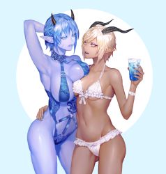 Rule 34 | 2girls, armpits, asymmetrical docking, bad id, bad pixiv id, bikini, black horns, blonde hair, blue background, blue bikini, blue eyes, blue hair, blue lips, blue nails, blue skin, breast press, breasts, colored skin, cowboy shot, cup, demon girl, eye contact, frilled bikini, frills, gluteal fold, holding, holding cup, horns, ice, ice cube, large breasts, lipstick, looking at another, makeup, multiple girls, nail polish, navel, ohayosayonara, original, parted lips, pointy ears, short hair, simple background, small breasts, standing, swimsuit, tan, teeth, water, white bikini