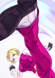Rule 34 | 1girl, black bow, black bowtie, black gloves, blonde hair, blue eyes, bow, bowtie, breasts, closed mouth, collared shirt, earrings, fingerless gloves, formal, gloves, high kick, highres, jewelry, kicking, king (snk), long sleeves, medium breasts, pants, pink pants, pink vest, reverse trap, shirt, shoe soles, short hair, solo, the king of fighters, tuxedo, vest, white footwear, white shirt, yagi2013