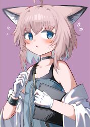 Rule 34 | 1girl, ahoge, animal ear fluff, animal ears, arknights, bare shoulders, black choker, blue dress, blue eyes, blush, breasts, brown hair, choker, cleavage, collarbone, dress, flying sweatdrops, fox ears, hair between eyes, highres, jacket, off shoulder, open clothes, open jacket, parted lips, purple background, simple background, sleeveless, sleeveless dress, small breasts, solo, spam (spamham4506), sussurro (arknights), sweat, upper body, white jacket