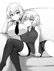 Rule 34 | 2girls, arm around shoulder, arm support, breasts, closed mouth, collared shirt, commentary, couch, crossed legs, dress, dress tug, elbow rest, fate/grand order, fate (series), frown, greyscale, head rest, highres, huge breasts, jeanne d&#039;arc (fate), jeanne d&#039;arc (girl from orleans) (fate), jeanne d&#039;arc (ruler) (fate), jeanne d&#039;arc alter (avenger) (fate), jeanne d&#039;arc alter (fate), large breasts, lying, medium hair, microdress, miniskirt, monochrome, multiple girls, necktie, on side, pencil skirt, shanaharuhi, shirt, sitting, skirt, smile, thighhighs, wing collar, zipper