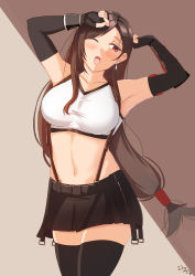Rule 34 | 1girl, absurdres, armpits, arms up, artist name, black gloves, black hair, black skirt, black thighhighs, blush, breasts, cleavage, collarbone, commentary, cowboy shot, crop top, earrings, elbow gloves, elina (eri15), final fantasy, final fantasy vii, final fantasy vii remake, fingerless gloves, glint, gloves, grey background, highres, jewelry, large breasts, long hair, looking to the side, low-tied long hair, midriff, miniskirt, navel, open mouth, parted bangs, pleated skirt, red eyes, shade, signature, simple background, skindentation, skirt, solo, straight hair, stretching, sunlight, suspender skirt, suspenders, tank top, thighhighs, thighs, tifa lockhart, white tank top, yawning, zettai ryouiki