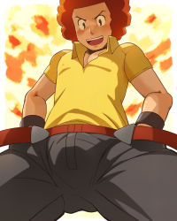 Rule 34 | 1boy, :d, absurdres, afro, belt, black choker, blush, border, brown eyes, choker, collared shirt, commentary request, creatures (company), fire, flint (pokemon), from below, game freak, hands on own hips, harano hiroshi, highres, looking down, male focus, nintendo, open mouth, outside border, pants, pokemon, pokemon dppt, red belt, red hair, shirt, short hair, smile, solo, teeth, tongue, upper teeth only, white border, wristband, yellow shirt